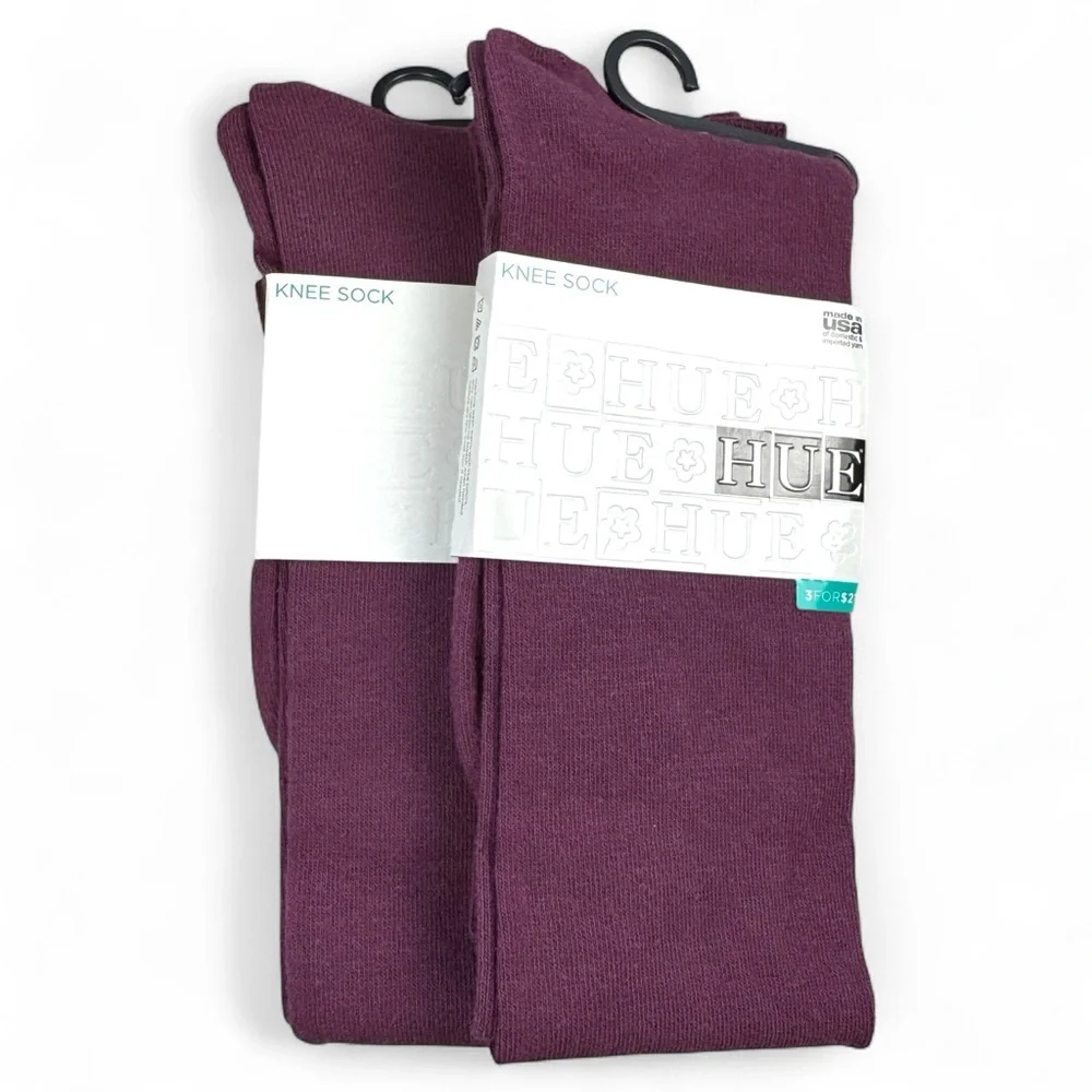 Hue Womens Napa Burgundy Flat Knit Knee Socks One Size‎ Fits Most 2 Pairs